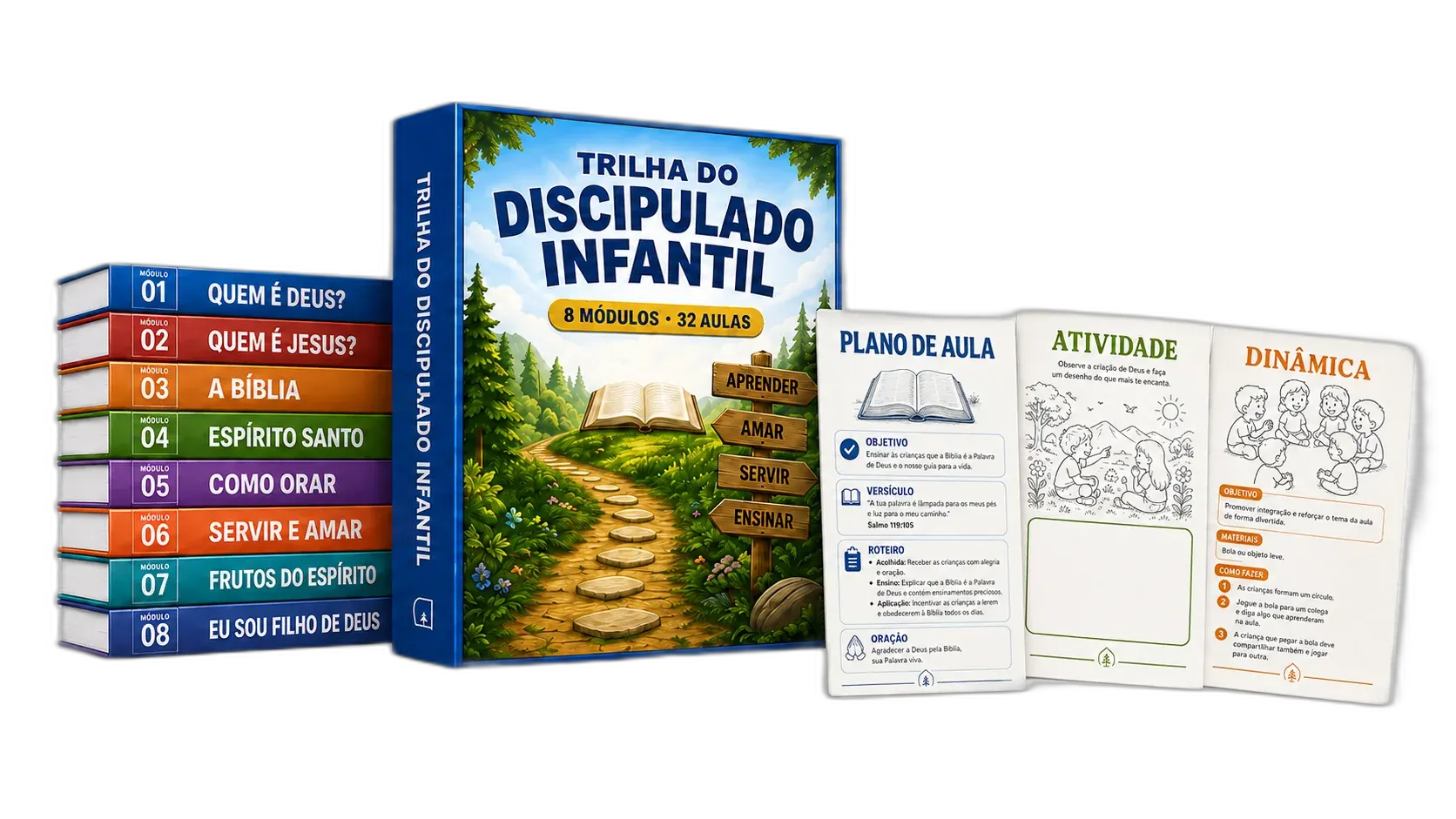 Trilha do Discipulado Infantil — caixa com 8 módulos e material de aula: plano de aula, atividade e dinâmica.