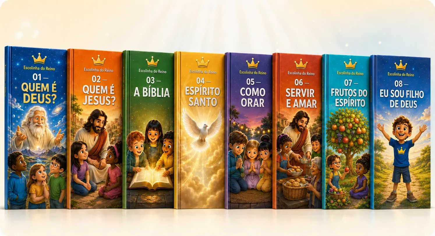 Os 8 livros da coleção Escolinha do Reino: Quem é Deus, Quem é Jesus, A Bíblia, Espírito Santo, Como Orar, Servir e Amar, Frutos do Espírito e Eu Sou Filho de Deus.