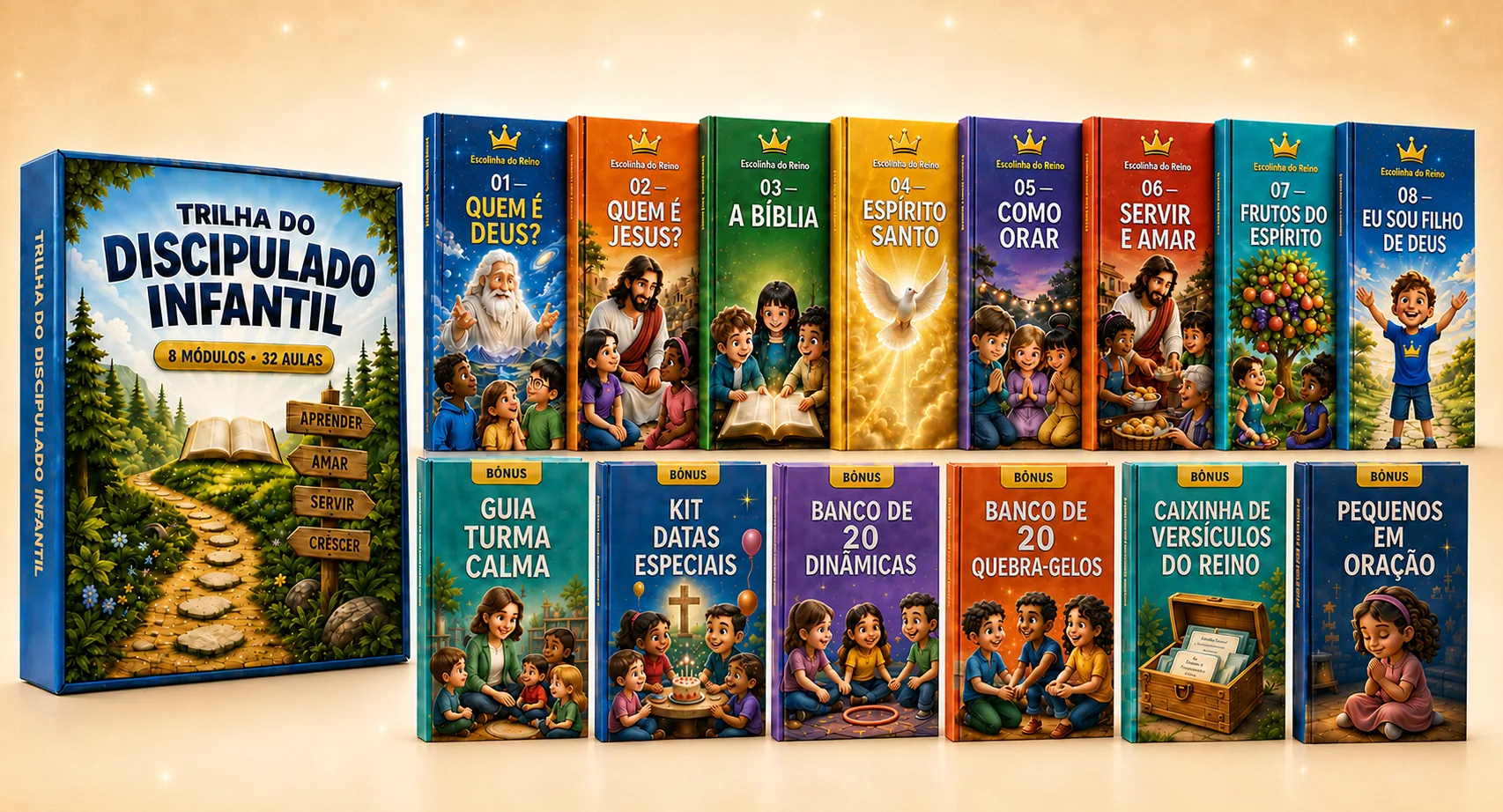 Mockup da Trilha do Discipulado Infantil com os 8 módulos e os 6 bônus