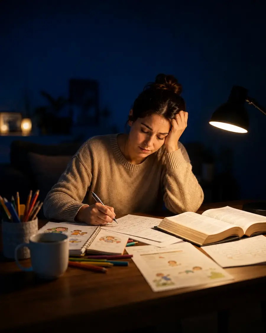 Professora organizando material de aula tarde da noite