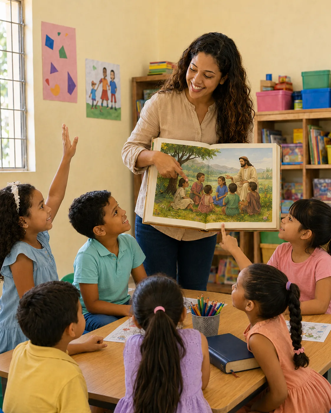 Professora contando a história de Jesus para as crianças